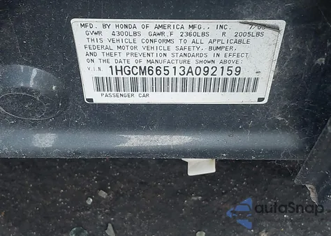 2003 Honda Accord Ex z USA, uszkodzony, nr VIN 1HGCM66513A092159